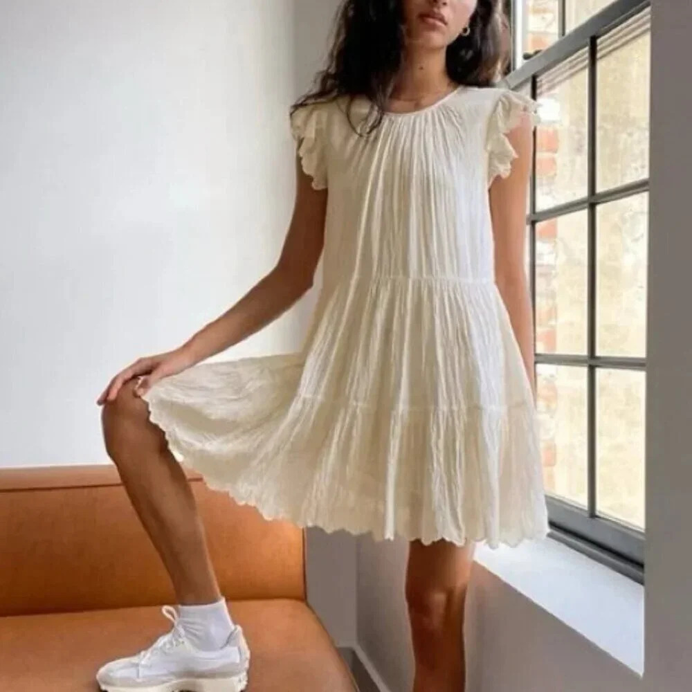 Aritzia Wilfred La  Boheme Sidonie Ruffled Scalloped Dress Light Birch Sz Small